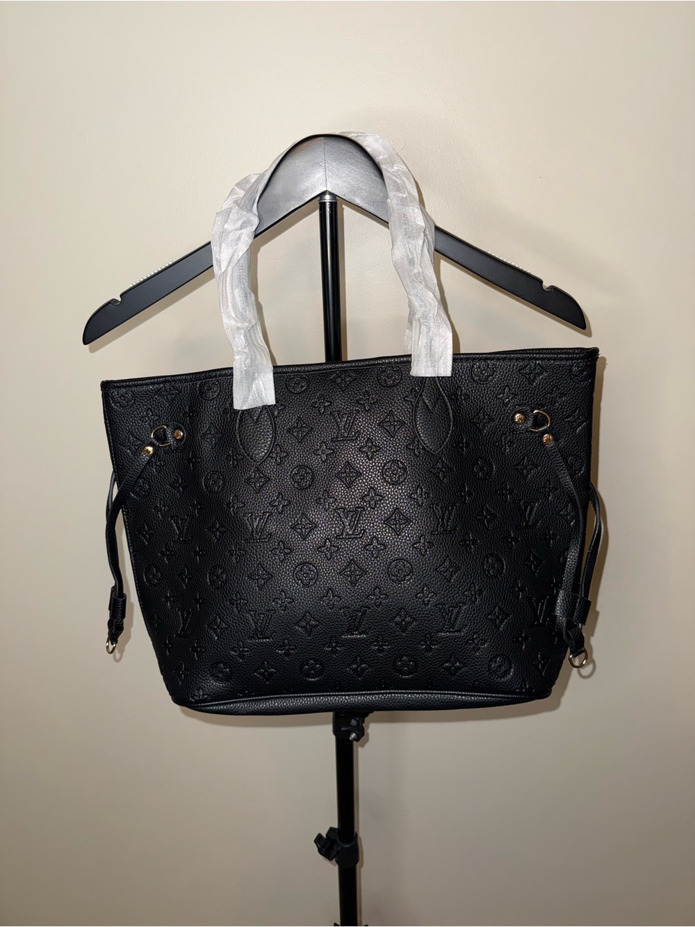 Black Embossed Tote with Matching Pouch - Elegant Everyday Carry